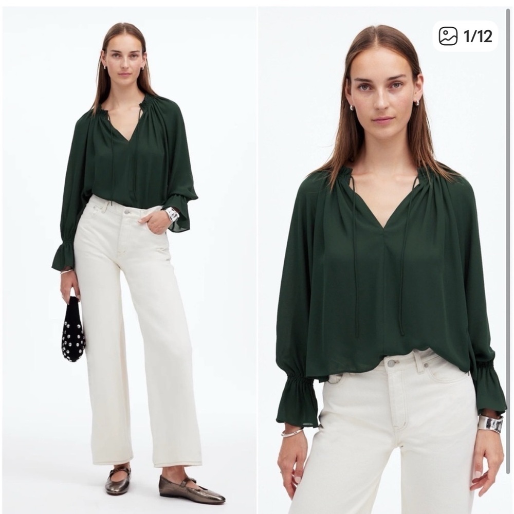 Madewell Tie Neck Blouse with Ruffle Sleeves